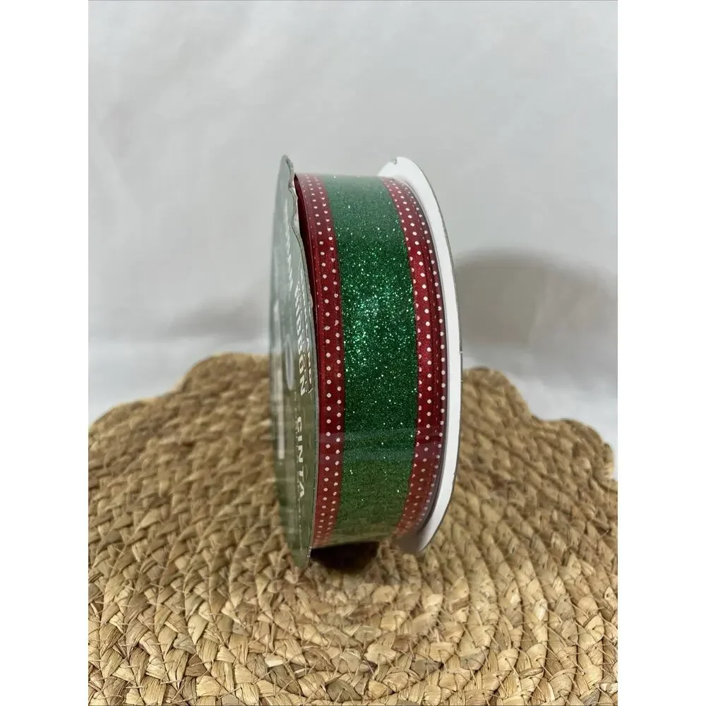 Kirkland Wire-Edged Ribbon Red Polka Dot & Green Glitter Ribbon 1.5